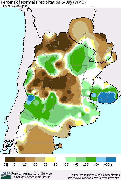 Southern South America Percent of Normal Precipitation 5-Day (WMO) Thematic Map For 6/21/2020 - 6/25/2020