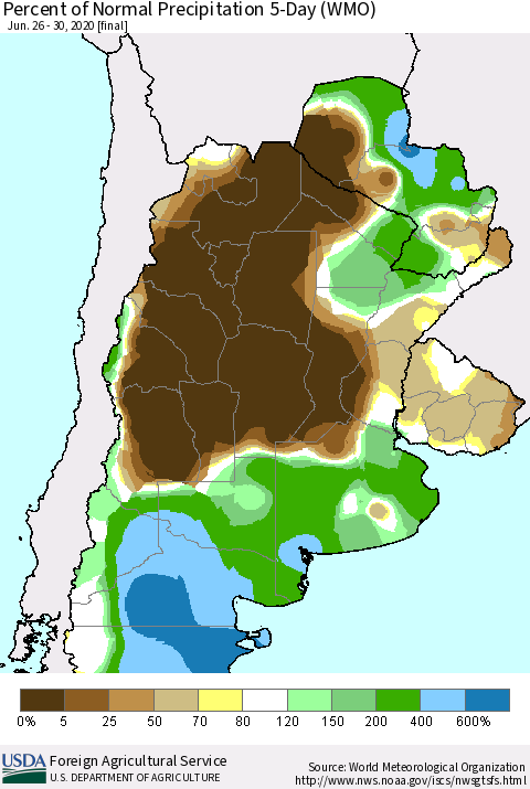 Southern South America Percent of Normal Precipitation 5-Day (WMO) Thematic Map For 6/26/2020 - 6/30/2020