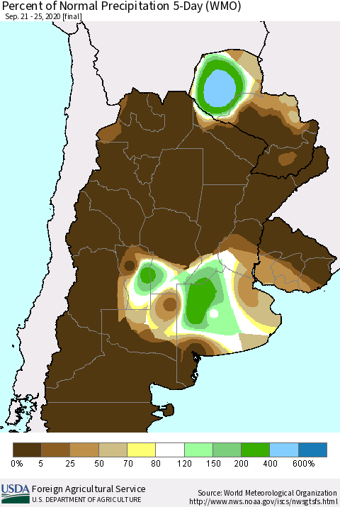 Southern South America Percent of Normal Precipitation 5-Day (WMO) Thematic Map For 9/21/2020 - 9/25/2020