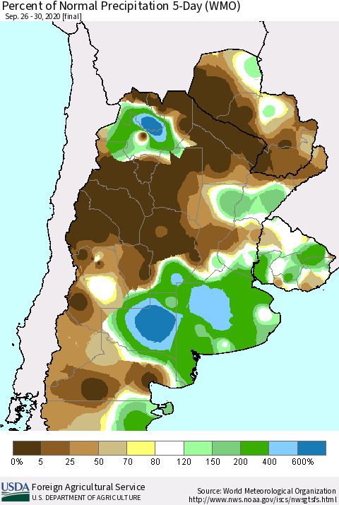 Southern South America Percent of Normal Precipitation 5-Day (WMO) Thematic Map For 9/26/2020 - 9/30/2020