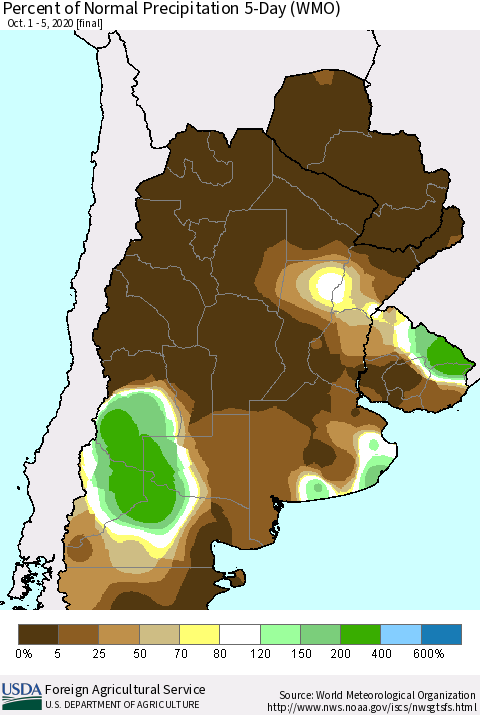 Southern South America Percent of Normal Precipitation 5-Day (WMO) Thematic Map For 10/1/2020 - 10/5/2020