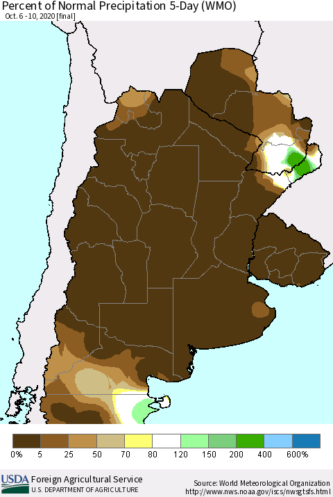 Southern South America Percent of Normal Precipitation 5-Day (WMO) Thematic Map For 10/6/2020 - 10/10/2020
