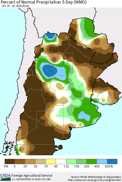 Southern South America Percent of Normal Precipitation 5-Day (WMO) Thematic Map For 10/16/2020 - 10/20/2020