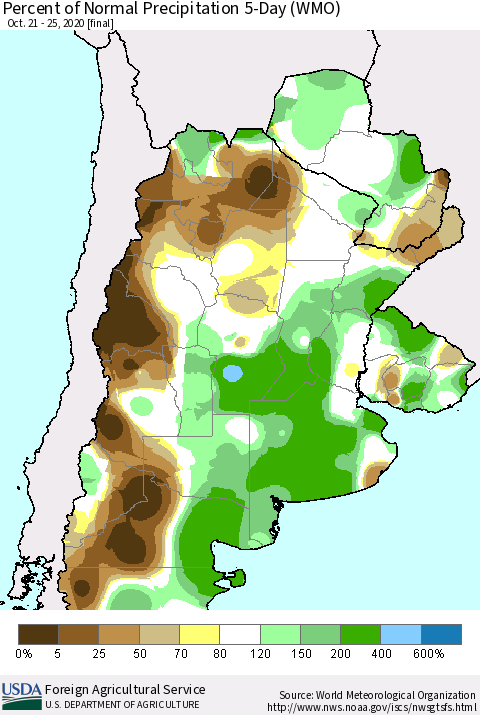 Southern South America Percent of Normal Precipitation 5-Day (WMO) Thematic Map For 10/21/2020 - 10/25/2020
