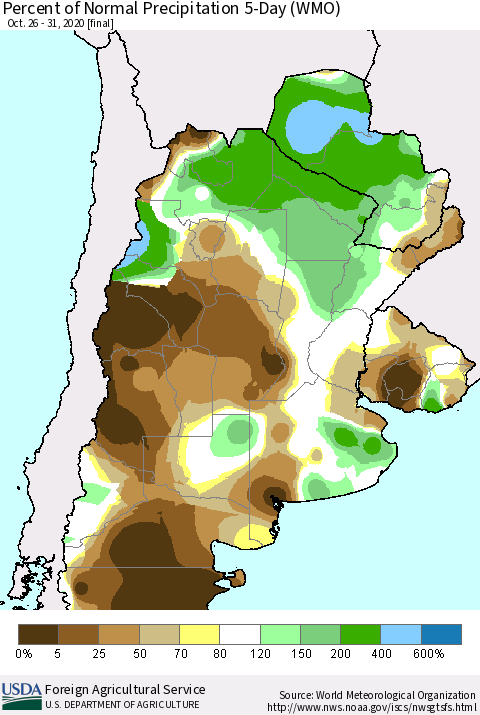 Southern South America Percent of Normal Precipitation 5-Day (WMO) Thematic Map For 10/26/2020 - 10/31/2020