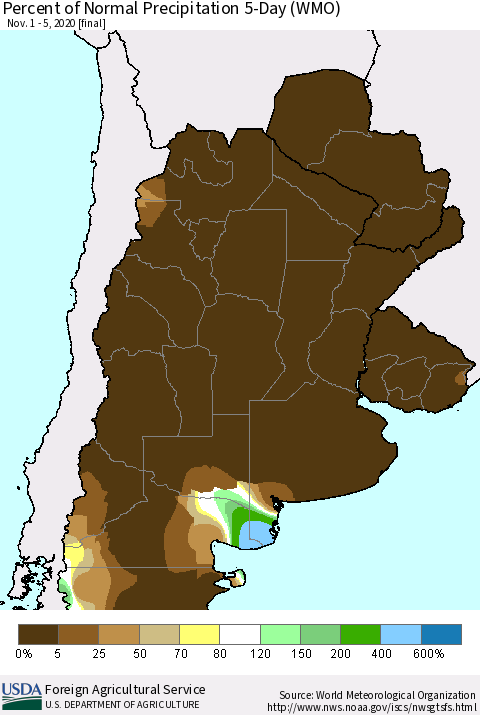 Southern South America Percent of Normal Precipitation 5-Day (WMO) Thematic Map For 11/1/2020 - 11/5/2020