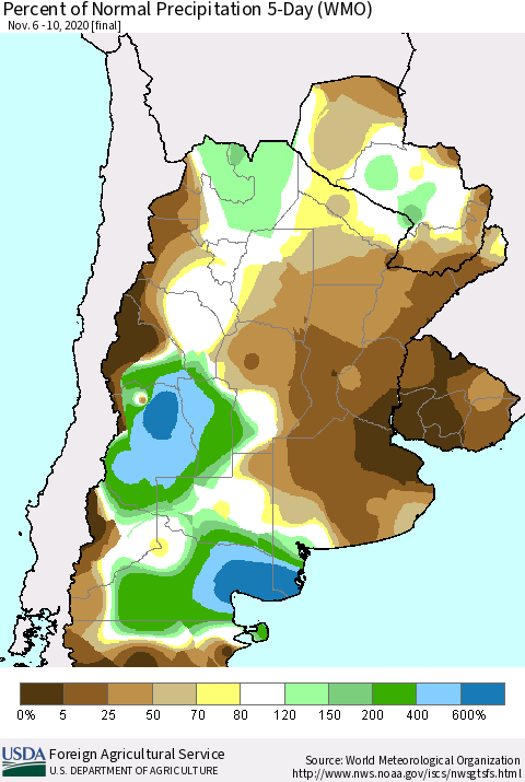 Southern South America Percent of Normal Precipitation 5-Day (WMO) Thematic Map For 11/6/2020 - 11/10/2020