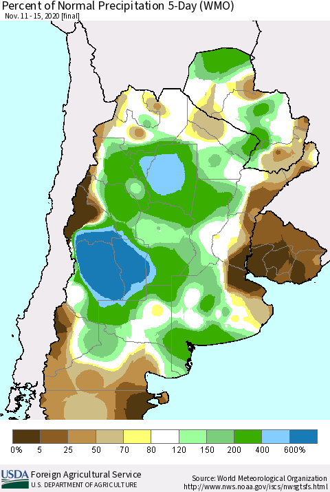 Southern South America Percent of Normal Precipitation 5-Day (WMO) Thematic Map For 11/11/2020 - 11/15/2020