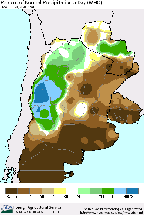 Southern South America Percent of Normal Precipitation 5-Day (WMO) Thematic Map For 11/16/2020 - 11/20/2020