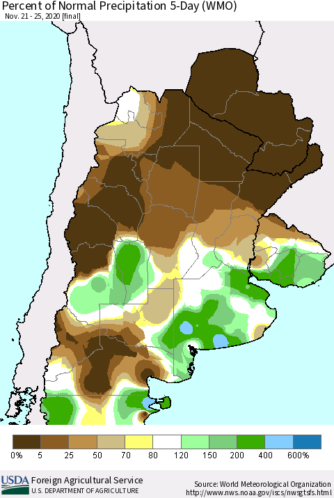 Southern South America Percent of Normal Precipitation 5-Day (WMO) Thematic Map For 11/21/2020 - 11/25/2020