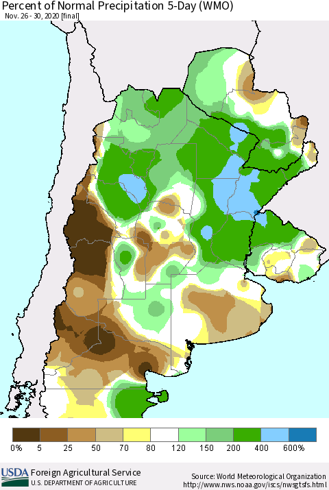 Southern South America Percent of Normal Precipitation 5-Day (WMO) Thematic Map For 11/26/2020 - 11/30/2020