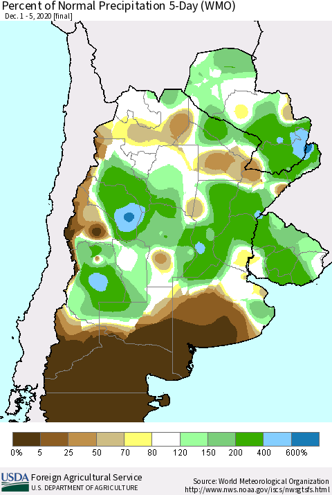 Southern South America Percent of Normal Precipitation 5-Day (WMO) Thematic Map For 12/1/2020 - 12/5/2020