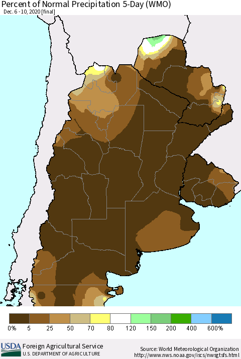 Southern South America Percent of Normal Precipitation 5-Day (WMO) Thematic Map For 12/6/2020 - 12/10/2020
