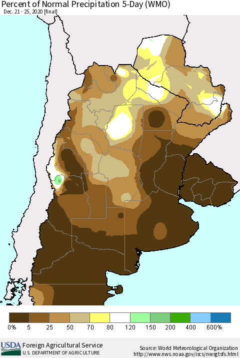 Southern South America Percent of Normal Precipitation 5-Day (WMO) Thematic Map For 12/21/2020 - 12/25/2020