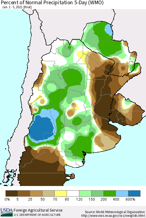 Southern South America Percent of Normal Precipitation 5-Day (WMO) Thematic Map For 1/1/2021 - 1/5/2021