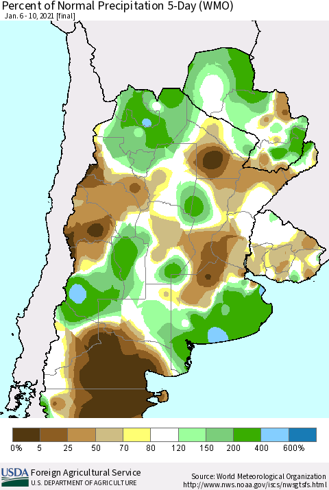 Southern South America Percent of Normal Precipitation 5-Day (WMO) Thematic Map For 1/6/2021 - 1/10/2021
