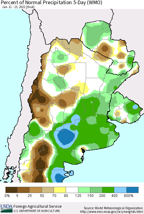 Southern South America Percent of Normal Precipitation 5-Day (WMO) Thematic Map For 1/11/2021 - 1/15/2021