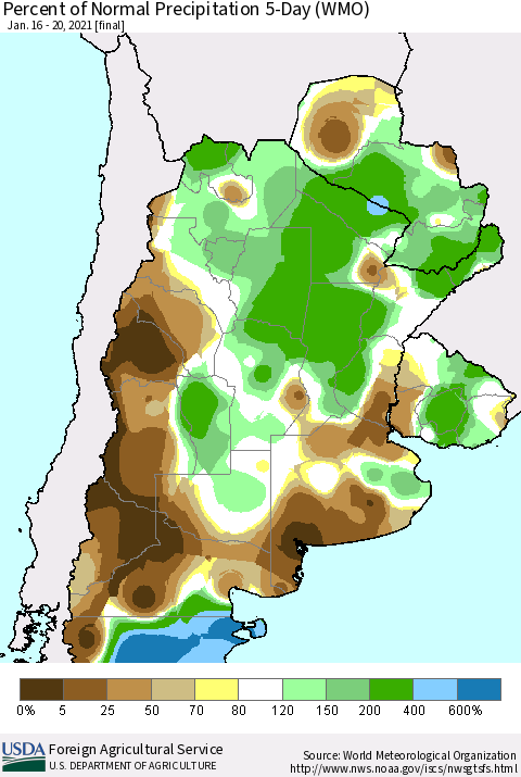 Southern South America Percent of Normal Precipitation 5-Day (WMO) Thematic Map For 1/16/2021 - 1/20/2021