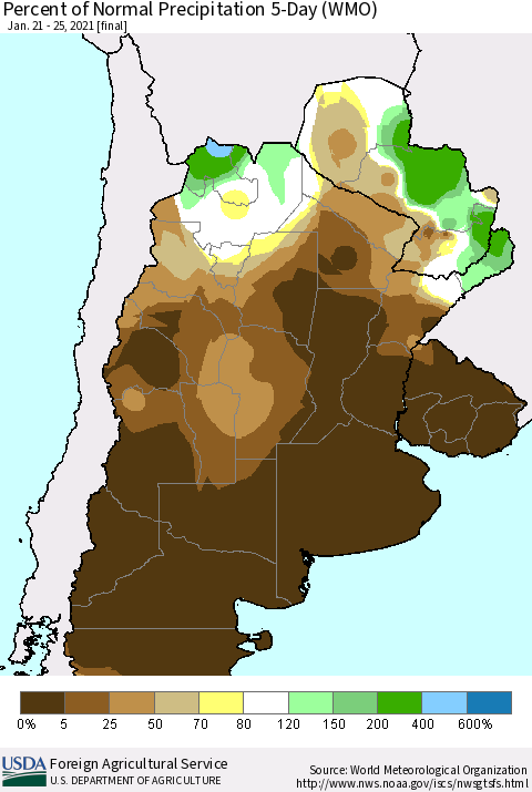 Southern South America Percent of Normal Precipitation 5-Day (WMO) Thematic Map For 1/21/2021 - 1/25/2021