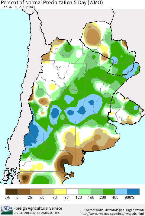 Southern South America Percent of Normal Precipitation 5-Day (WMO) Thematic Map For 1/26/2021 - 1/31/2021