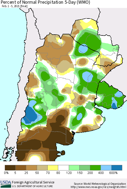 Southern South America Percent of Normal Precipitation 5-Day (WMO) Thematic Map For 2/1/2021 - 2/5/2021