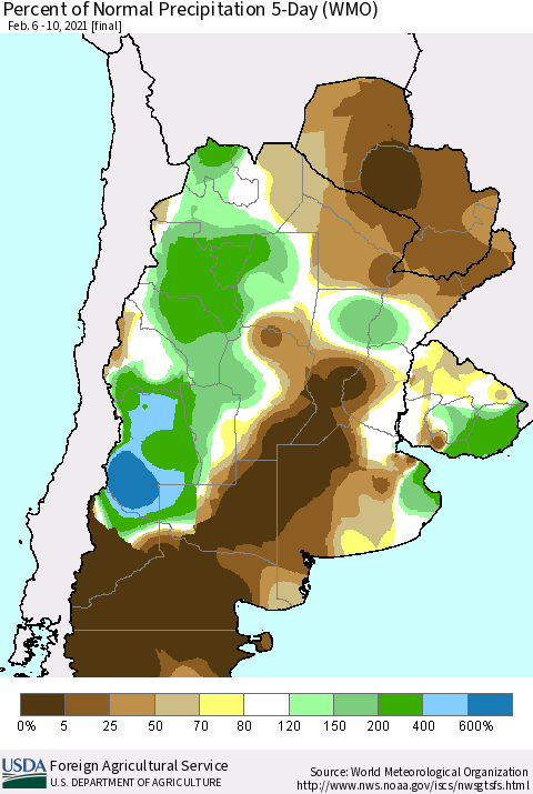 Southern South America Percent of Normal Precipitation 5-Day (WMO) Thematic Map For 2/6/2021 - 2/10/2021