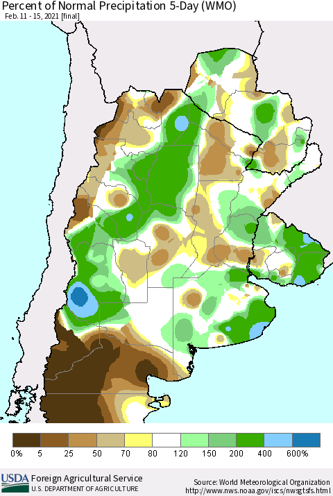 Southern South America Percent of Normal Precipitation 5-Day (WMO) Thematic Map For 2/11/2021 - 2/15/2021