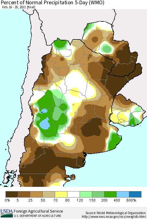 Southern South America Percent of Normal Precipitation 5-Day (WMO) Thematic Map For 2/16/2021 - 2/20/2021