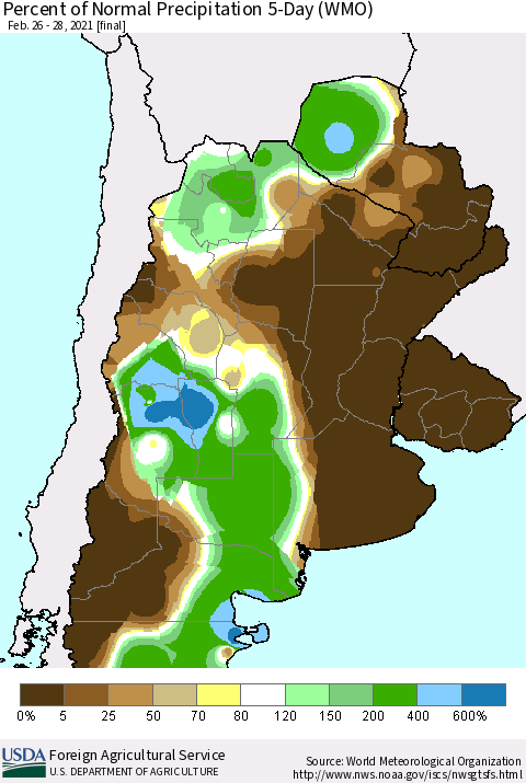 Southern South America Percent of Normal Precipitation 5-Day (WMO) Thematic Map For 2/26/2021 - 2/28/2021