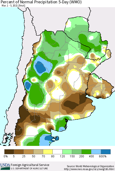 Southern South America Percent of Normal Precipitation 5-Day (WMO) Thematic Map For 3/1/2021 - 3/5/2021