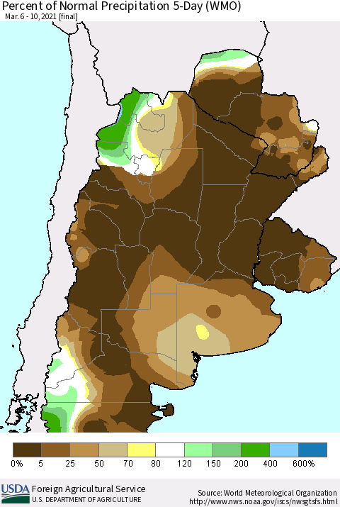 Southern South America Percent of Normal Precipitation 5-Day (WMO) Thematic Map For 3/6/2021 - 3/10/2021