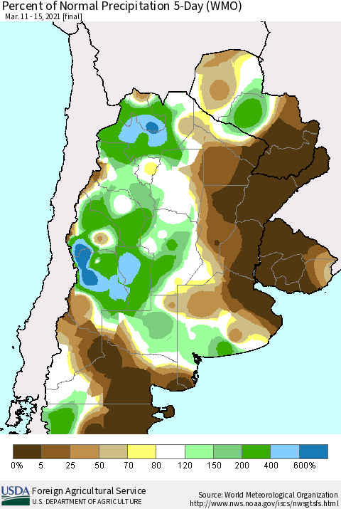 Southern South America Percent of Normal Precipitation 5-Day (WMO) Thematic Map For 3/11/2021 - 3/15/2021