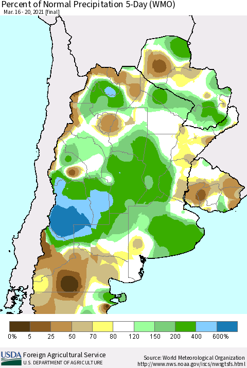 Southern South America Percent of Normal Precipitation 5-Day (WMO) Thematic Map For 3/16/2021 - 3/20/2021