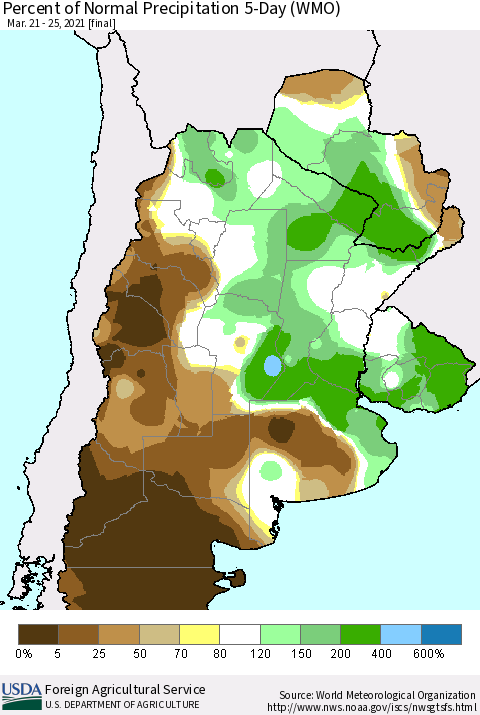 Southern South America Percent of Normal Precipitation 5-Day (WMO) Thematic Map For 3/21/2021 - 3/25/2021