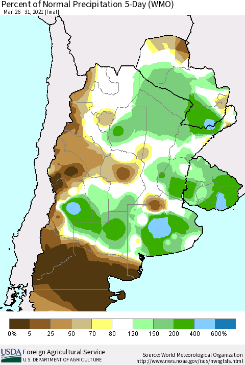 Southern South America Percent of Normal Precipitation 5-Day (WMO) Thematic Map For 3/26/2021 - 3/31/2021