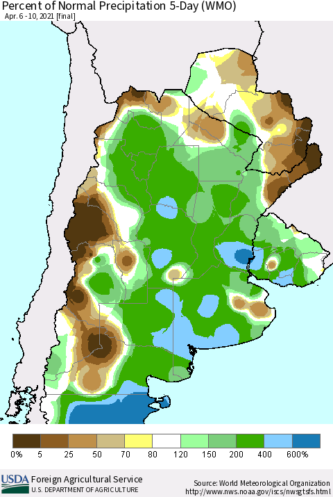 Southern South America Percent of Normal Precipitation 5-Day (WMO) Thematic Map For 4/6/2021 - 4/10/2021