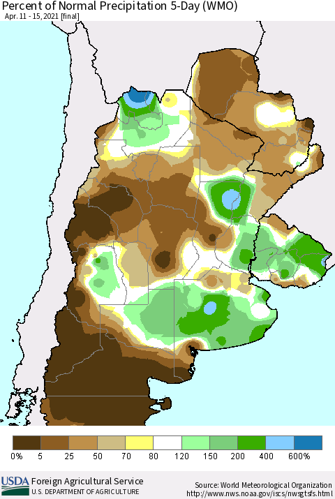 Southern South America Percent of Normal Precipitation 5-Day (WMO) Thematic Map For 4/11/2021 - 4/15/2021