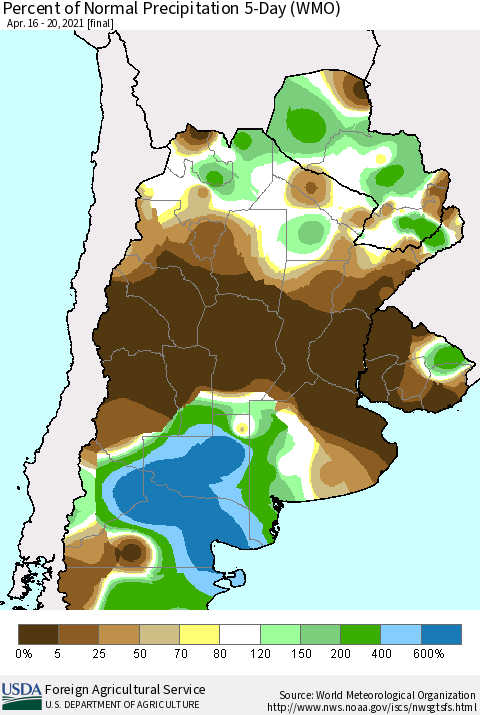 Southern South America Percent of Normal Precipitation 5-Day (WMO) Thematic Map For 4/16/2021 - 4/20/2021