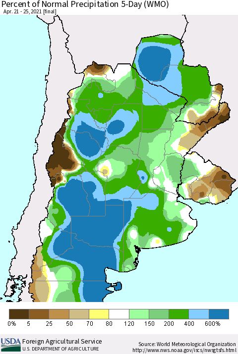 Southern South America Percent of Normal Precipitation 5-Day (WMO) Thematic Map For 4/21/2021 - 4/25/2021