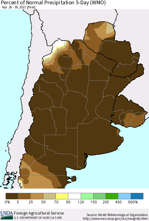 Southern South America Percent of Normal Precipitation 5-Day (WMO) Thematic Map For 4/26/2021 - 4/30/2021