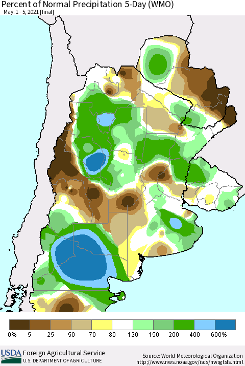Southern South America Percent of Normal Precipitation 5-Day (WMO) Thematic Map For 5/1/2021 - 5/5/2021