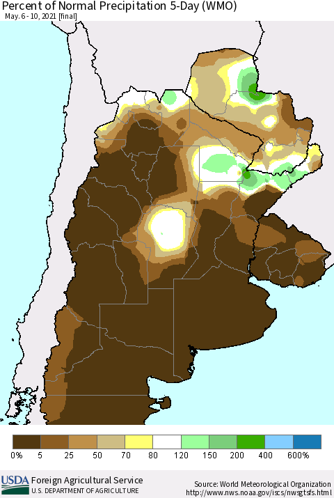 Southern South America Percent of Normal Precipitation 5-Day (WMO) Thematic Map For 5/6/2021 - 5/10/2021
