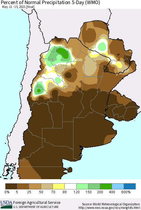 Southern South America Percent of Normal Precipitation 5-Day (WMO) Thematic Map For 5/11/2021 - 5/15/2021