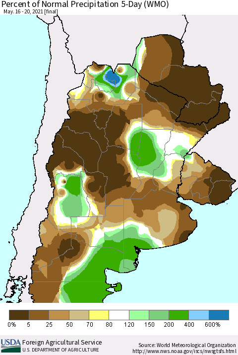 Southern South America Percent of Normal Precipitation 5-Day (WMO) Thematic Map For 5/16/2021 - 5/20/2021