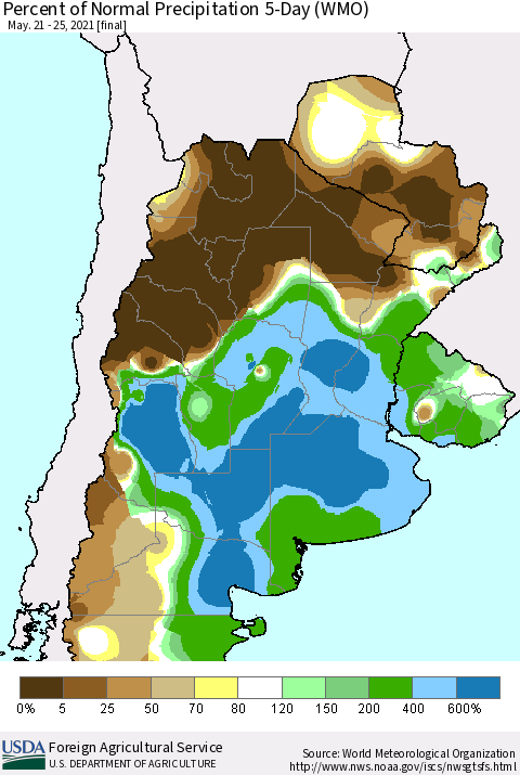 Southern South America Percent of Normal Precipitation 5-Day (WMO) Thematic Map For 5/21/2021 - 5/25/2021
