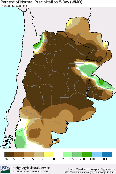 Southern South America Percent of Normal Precipitation 5-Day (WMO) Thematic Map For 5/26/2021 - 5/31/2021