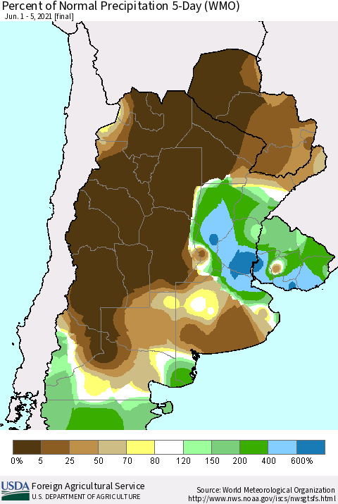 Southern South America Percent of Normal Precipitation 5-Day (WMO) Thematic Map For 6/1/2021 - 6/5/2021