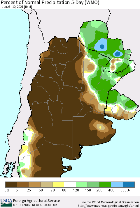 Southern South America Percent of Normal Precipitation 5-Day (WMO) Thematic Map For 6/6/2021 - 6/10/2021