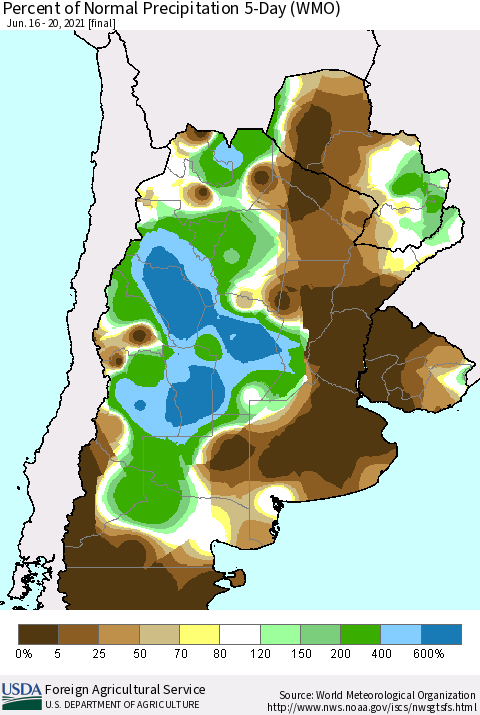 Southern South America Percent of Normal Precipitation 5-Day (WMO) Thematic Map For 6/16/2021 - 6/20/2021