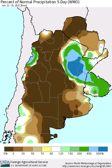 Southern South America Percent of Normal Precipitation 5-Day (WMO) Thematic Map For 6/21/2021 - 6/25/2021